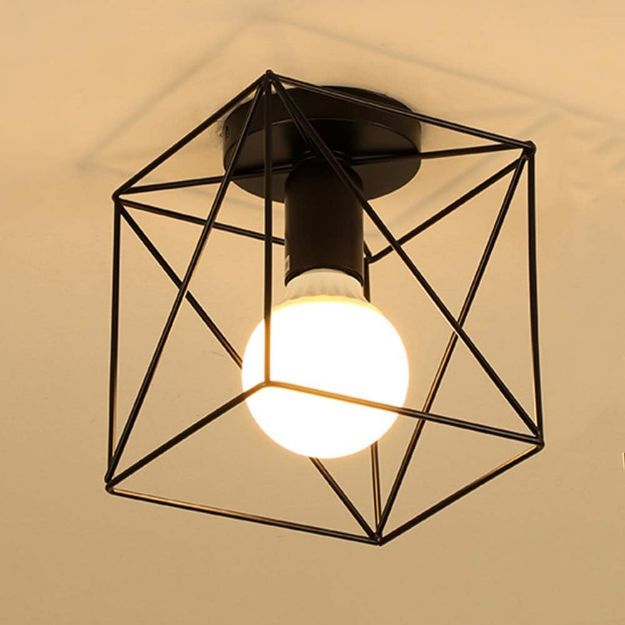 Picture of Black Cage Ceiling Light, Hallway Ceiling Lights Cage Ceiling Lamp Metal Lampshade Industrial Retro Pendant Light, Suitable E27 Light Bulb