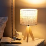 Picture of  36cm Wood Bedside Table Lamp, Tripod Desk Lamp with Beige Linen Lampshade, On-Off Switch, Desk Lamps
