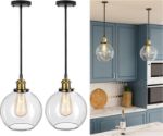 Picture of 2 Pack Pendant Light - Vintage Glass Pendant Light, Clear Glass Kitchen Island Lights Fittings Ceilings fit for Dinning Table Hallway Entryway (ø20CM)