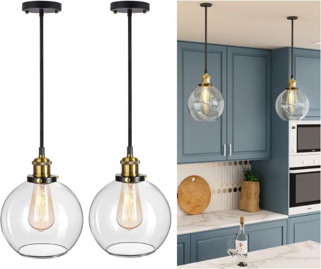 Picture of 2 Pack Pendant Light - Vintage Glass Pendant Light, Clear Glass Kitchen Island Lights Fittings Ceilings fit for Dinning Table Hallway Entryway (ø20CM)