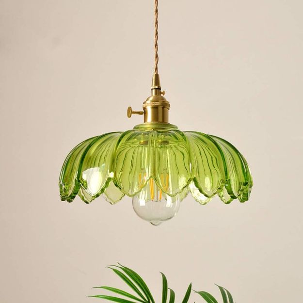 Picture of Industrial Vintage 25cm Glass Lotus Pendant Light, Retro E27 Loft Bar Ceiling Hanging Lamp(Green)