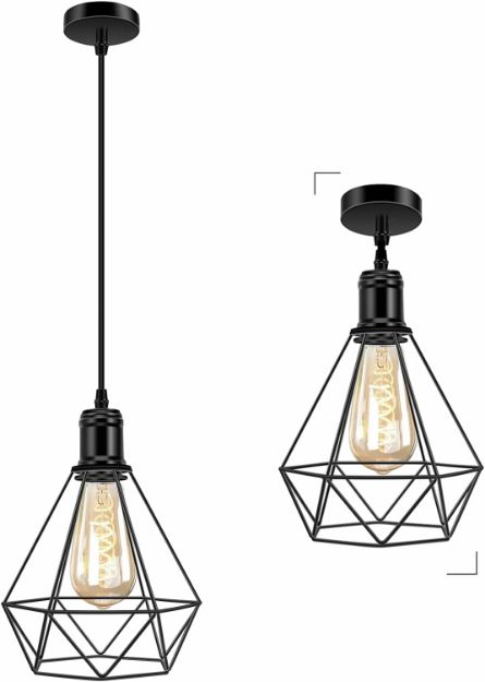 Picture of Vintage Pendant Light Black Metal Cage Ceiling Hanging Lamp Adjustable Basket Pendant Lighting for Kitchen Island Bedroom Bar Cafe Hallway