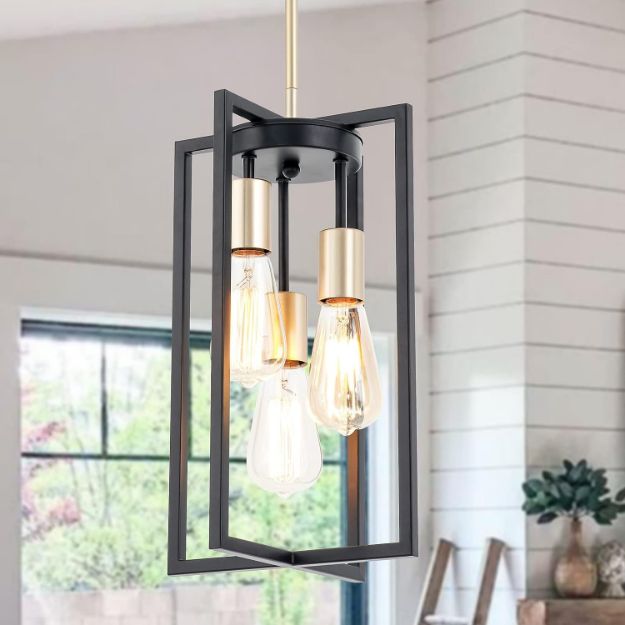 Picture of Industrial Pendant Lights, Geometric Metal Cage Adjustable Rods Pendant Lighting Fixture for Kitchen Island Dining Room Living Room