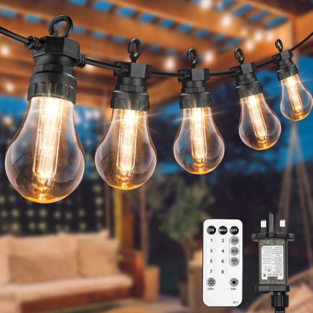 Picture of  Connectable Outdoor String lights Mains Powered with Edsion Shatterproof Bulbs, Remote &8 Modes Waterproof Garden String Lights for Indoor 