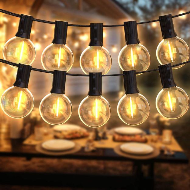 Picture of Festoon Lights 50ft LED String Lights Mains Powered with 27+3 Plastic G40 Bulbs 2700K Connectable for Decorative Lighting on Cafe