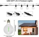 Picture of Garden Lights Mains Powered, 50FT Festoon Lights Outdoor 25+5 0.6W G40 LED Clear Bulbs Colored Lighting, Waterproof Shatterproof