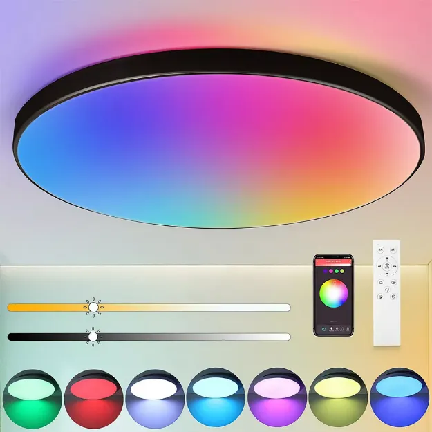 Picture of RGB 48W LED Flush Mount Ceiling Light,  13” Dimmable Color-Changing Lamp with Remote, Perfect for Bedrooms, Kids Rooms, Parties & Festivals