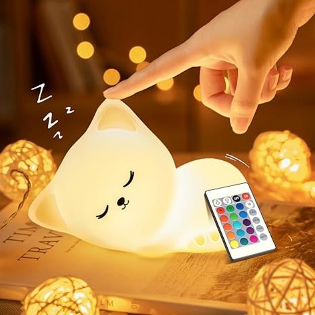 Picture of Adorable Cat Night Light for Kids – 16 RGB Colors, USB Rechargeable Baby Night Light with Remote, Soft Silicone Lamp for Bedrooms & Nursery 