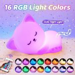 Picture of Adorable Cat Night Light for Kids – 16 RGB Colors, USB Rechargeable Baby Night Light with Remote, Soft Silicone Lamp for Bedrooms & Nursery 