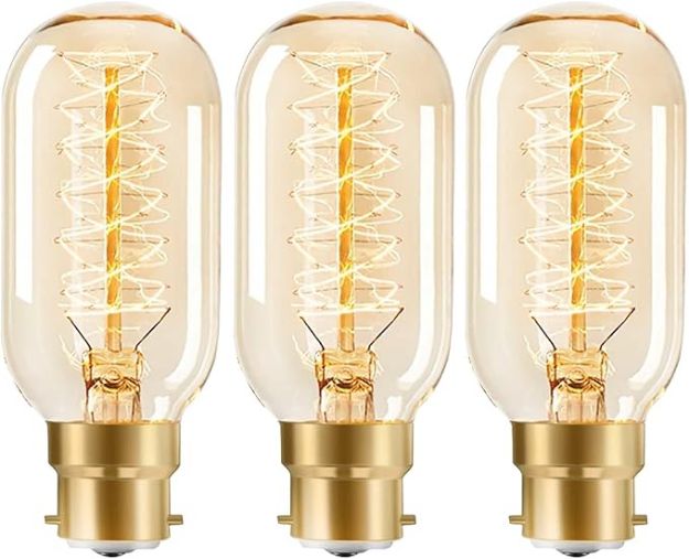 Picture of 40W B22 Vintage Bayonet Light Bulb, Dimmable Warm White Edison Bulbs with Amber Glass, Spiral Filament T45 Tube Decorative Bulbs, Pack of 3 | Energy Class F