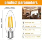 Picture of 4W B22 C35 Bayonet LED Candle Bulb, Dimmable Warm White 2700K, 400LM, Energy-Efficient Filament Bulbs, 6-Pack,