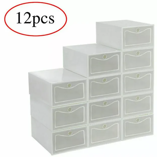 Picture of 12-Pack Stackable White Plastic Shoe Storage Drawers – Foldable, Durable, and Space-Saving Organizer