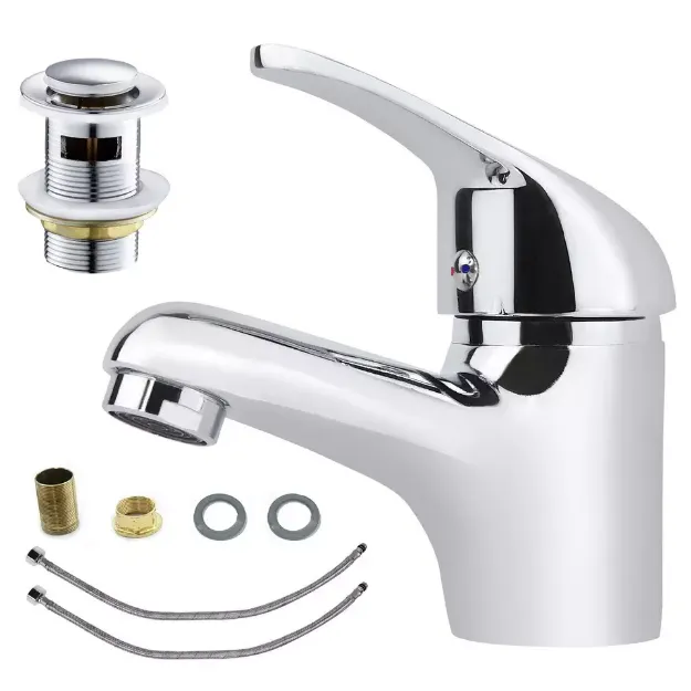 Picture of Modern Chrome Cloakroom Basin Mixer Tap – Mono Bathroom Sink Faucet with Fixings & Waste