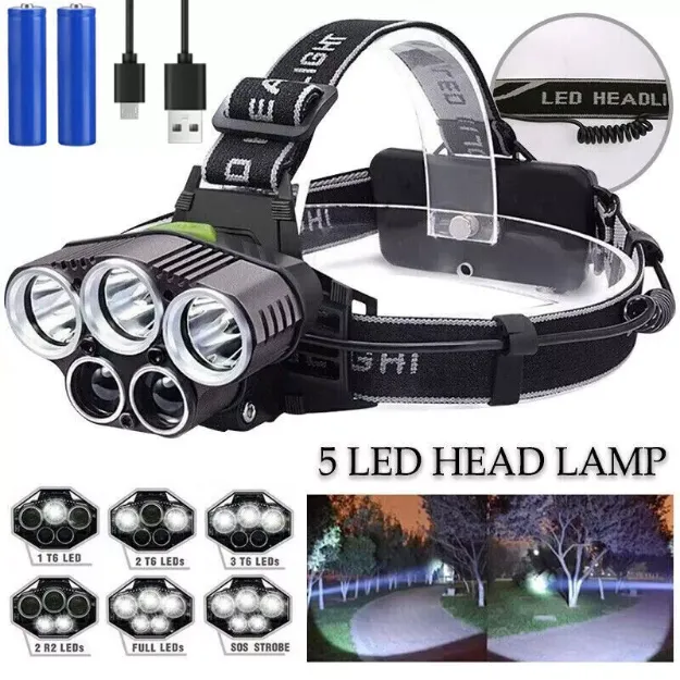 Picture of 20000LM Rechargeable LED Headlamp – 5X T6 Zoomable Head Torch with Adjustable Straps & USB Charging