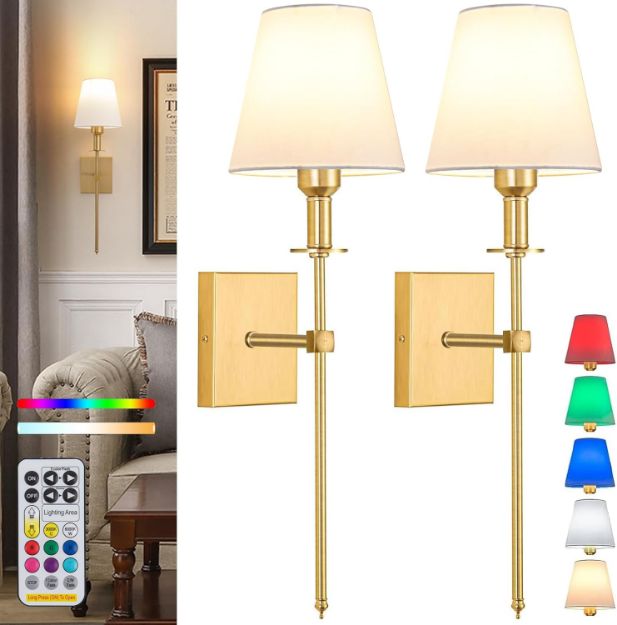 Picture of Set of 2 Gold Rechargeable Wall Lights – Remote Control, Cordless Indoor Sconces for Bedroom, Living Room, Hallway