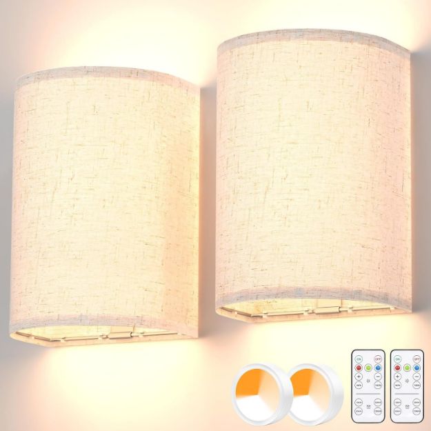 Picture of Dimmable Wall Lights, Fabric Wall Sconce Rechargeable Wall Lights with Remote, Battery Operated Wall Lights in 3 Colors Temperature