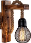 Picture of Industrial Wooden Wall Light with Hemp Rope – Retro E27 LED Wall Lamp with Lampshade for Living Room, Bedside, Corridor, Cafe, and Bar Decor