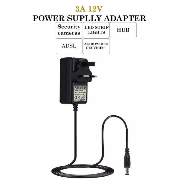 Picture of 12V 1A/2A/3A AC/DC Power Supply Adapter, Safe & Reliable Charger for LED Strips, CCTV Cameras & Electronics