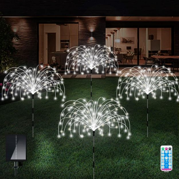 Picture of Solar Garden Lights Outdoor – 4 Pack 480 LED Firework Path Lights, Solar-Powered Starburst Fairy Lights, Waterproof, 8 Modes & Remote for Patio, Yard, and Party Decor